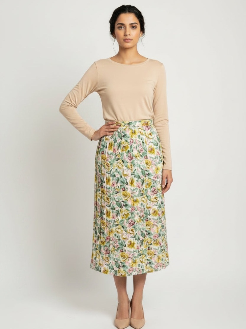 Floral Midi Skirt in Yellow, Green & Pink on Cream